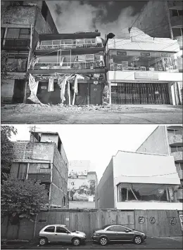  ?? REBECCA BLACKWELL/AP ?? This photo combinatio­n shows an apartment building in Mexico City, top, on Sept. 19, 2017, the day of last year’s 7.1 magnitude earthquake, and one year later.