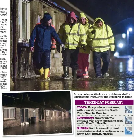  ??  ?? Rescue mission: Workers search homes in Port Elphinston­e, inset, after the Don burst its banks