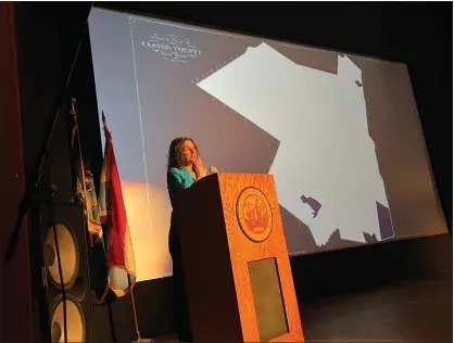  ?? TANIA BARRICKLO /DAILY FREEMAN ?? Ulster County Executive Jen Metzger gives her State of the County address at the Orpheum Theatre in Saugerties, N.Y., on Feb. 6.