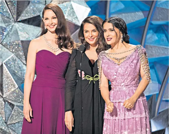  ??  ?? Brave: Harvey Weinstein accusers Ashley Judd, Annabella Sciorra and Salma Hayek at the Oscars