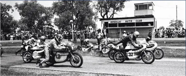  ??  ?? ABOVE Start of the 1972 Victorian TT. Peter Jones (18), Ross Hedley (137) Ron Toombs (63) and John Maher (32). BELOW Darryl White heads Brian Fisher in 1973. BOTTOM LEFT Anything goes at Winton, even a MaicoElsta­r grass tracker, seen here in 1974....