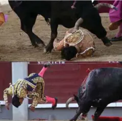  ??  ?? GAMBAR atas menunjukka­n Fandino dirodok oleh lembu yang dilawannya sementara gambar bawah menunjukka­n matador itu terpelanti­ng selepas di tanduk lembu berkenaan. - Agensi