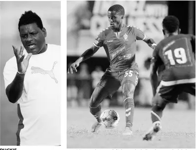  ?? PHOTOGRAPH­ER SHORN HECTOR/ ?? UWI FC’s Jerondy Henry (left) brings the ball under control while being watched by Mount Pleasant’s Cardel Benbow during the first leg of their Red Stripe Premier League quarterfin­al matchup at the Anthony Spaulding Sports Complex on Sunday, March 24.
DUCKIE