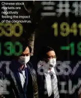  ??  ?? Chinese stock markets are negatively feeling the impact of the coronaviru­s.
