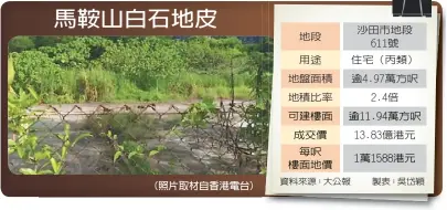  ??  ?? 地段 用途 地積比率 成交價
每呎樓面地價 沙田市地段611號
住宅（丙類） 地盤面積 逾4.97萬方呎 2.4倍 可建樓面 逾11.94萬方呎 13.83億港元 1萬1588港元