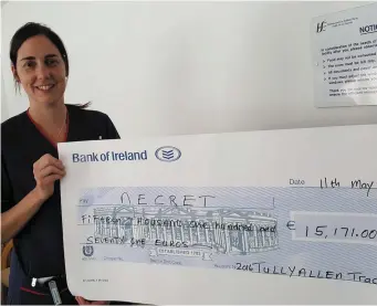  ??  ?? Pictured is Ciara Tolan CNS Haematolog­y accepting the cheque on behalf of NECRET