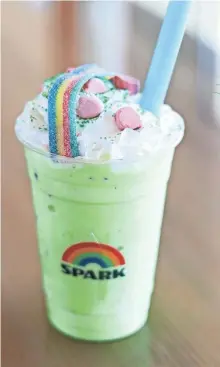  ?? PROVIDED BY SPARK VIA BREAD & BUTTER ?? The Lucky Spark Shake takes March's custard flavor of the month at Spark, mint chocolate chip, and blends it into a shake topped with whipped cream, Lucky Charms marshmallo­ws, an Airheads rainbow rope and green sanding sugar.