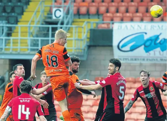  ?? Picture: SNS Group. ?? Clockwise, from above: Thomas Mikkelsen heads over one of a number of good opportunit­ies that fell Dundee United’s way against Dumbarton, chances that must be converted if the Tangerines are to find a way through the play-offs; Andy Jackson, who could...