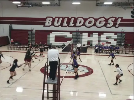  ?? PHOTO AARON BODUS ?? Calexico High School hosted Imperial Valley League rival Southwest High School Tuesday night. The Bulldogs fought valiantly but fell in straight sets.