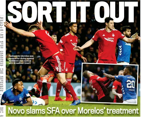  ??  ?? Flashpoint­s: Morelos was booked for diving against Aberdeen and clashed with Broadfoot (inset)