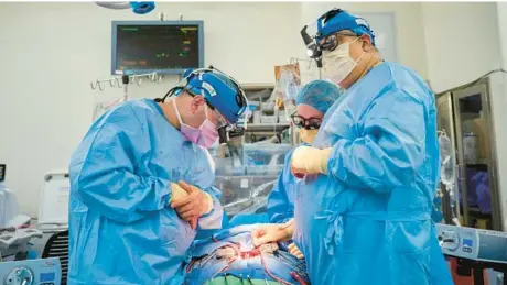 ?? JOE CARROTTA/NYU LANGONE HEALTH ?? Dr. Nader Moazami, right, and other members of a surgical team prepare for the transplant of a geneticall­y modified pig heart into a recently deceased donor at NYU Langone Health on July 6 in New York.