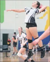  ??  ?? ALL SMILES: Far left, Murtoa college’s year10 division-two girls celebrate national gold at Melbourne Sports and Aquatic Centre; left, Cleo Baker in action, and below, Hannah Whyte digs deep. Pictures: Credit: PURE SPORTS IMAGES