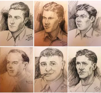  ?? STAN DUBE/IRA DUBE/AP ?? These sketches provided by Ira Dube of U.S. Army 27th Infantry Division soldiers were among more than a dozen done by his father, Stan Dube, during World War II. Ira Dube found them stashed in the attic of his sister’s home. Now Ira Dube is hoping to...