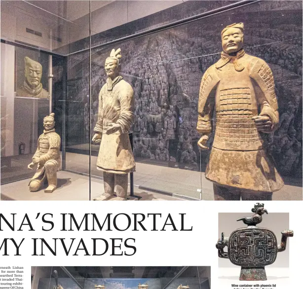  ??  ?? RIGHT
Terracotta warriors, who guarded Emperor Qin Shi Huang’s mausoleum for 2,200 years. Wine container with phoenix lid d a ti ng f rom th e H an D ynasty.