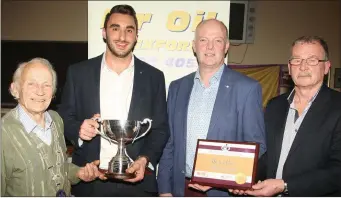  ??  ?? Athlete of the year Marco Pons with Nicky Cowman, Ciarán Mooney of Mr Oil and Paddy Morgan.