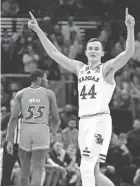  ?? NAM Y. HUH/AP ?? Kansas’ Mitch Lightfoot reacts during the second half against Miami during the Elite 8 round of the men’s NCAA tournament on Sunday in Chicago.