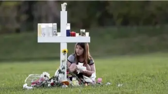  ?? GERALD HERBERT/THE ASSOCIATED PRESS ?? A young girl pays homage at one of the memorial crosses for the 17 dead students and faculty at the school.