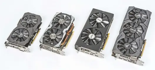  ??  ?? Voor elke gebruiksto­epassing hadden we een grafische kaart bij de hand (vanaf links): voor het beeld op high-res displays is de RX 460 met Displaypor­t 1.4 en HDMI 2.0 geschikt. Gamers worden blij van de GeForce GTX 1060 en Radeon RX 470 – en als geld...