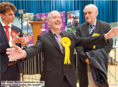  ?? ?? Cllr Simon Werner celebrates at the election count earlier this month.