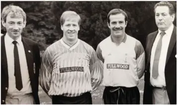  ??  ?? Pictured are Mick Byrne, former Drogheda chairman in the 1980s (top), Gerry Martin and Dusty Flanagan with the League Cup, Dixie Nugent signs for the Drogs and right, the West Emd crew, Toner, Martin, Martin and McBride. Inset, Mick McEvoy with Ross...