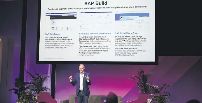  ?? ?? Juergen Mueller, chief technology officer and member of the executive board of SAP, speaks during the SAP TechEd conference in Las Vegas, Nevada, U.S., Nov. 15, 2022.