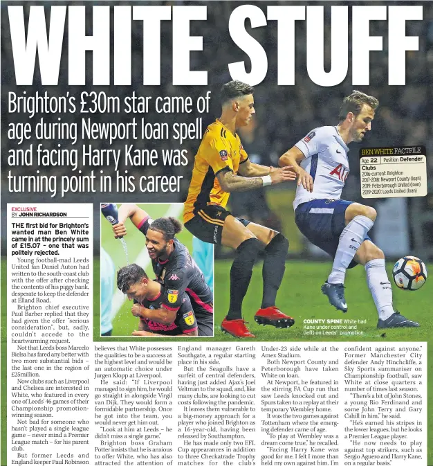  ??  ?? 22 Clubs
COUNTY SPINE White had Kane under control and (left) on Leeds’ promotion