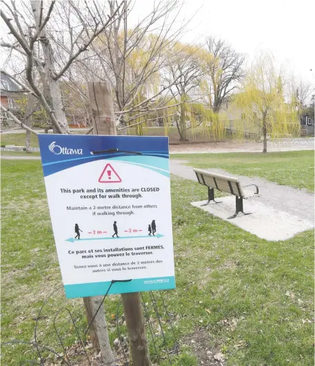  ?? TONY CALDWELL ?? Brown’s Inlet Park remains closed in Ottawa on Monday. Some members of city council want a partial reopening of municipal parks.