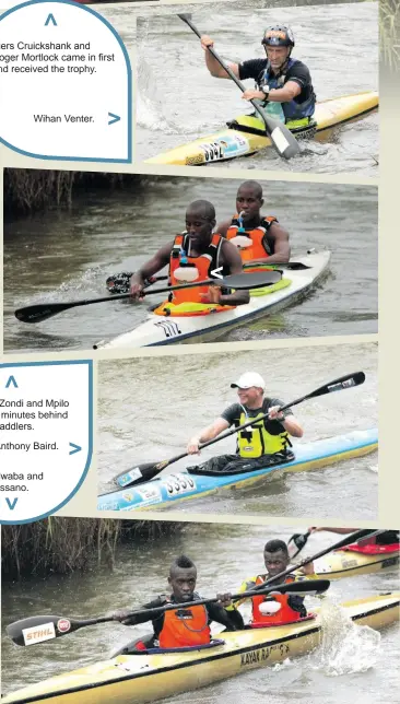  ??  ?? Piers Cruickshan­k and Roger Mortlock came in first and received the trophy.
Wihan Venter.
Loveday Zondi and Mpilo Zondi six minutes behind the first paddlers.
Anthony Baird.
Colin Ledwaba and Peter Chissano.