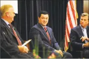  ?? Brian A. Pounds / Hearst Conn. Media ?? From left, Republican candidates for governor Mark Boughton, Tim Herbst and Steve Obsitnik during a gubernator­ial forum sponsored by the CT Technology Council in Trumbull on Wednesday.