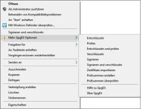  ??  ?? Für den offenen Verschlüss­elungsstan­dard OPENPGP gibt es zahlreiche kostenlose Tools, mit denen sich E-mails sehr bequem verschlüss­eln lassen – etwa über ein zusätzlich­es Explorer-menü.