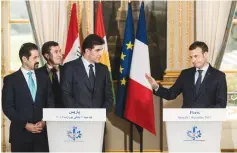  ?? (Etienne Laurent, pool/Reuters) ?? FRENCH PRESIDENT Emmanuel Macron (right) meets with Nechirvan Barzani (third from left) and Qubad Talabani (left) Saturday at the Elysee Palace in Paris.