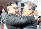  ?? Photo / AP ?? Korean leaders Kim Jong Un, left, and Moon Jae In hug after their meeting at Panmunjom.