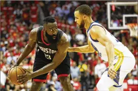  ?? RONALD MARTINEZ/GETTY IMAGES ?? Houston’s James Harden, matched up against Steph Curry on Thursday night, says the Rockets “want to keep our same swag, our same positive energy,” despite losing Chris Paul to a hamstring injury.