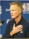  ?? MEYER/TNS NHAT V. ?? Golden State Warriors head coach and former Bull Steve Kerr talks about gun violence during a news conference on Tuesday.