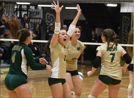  ?? PHOTOS BY DREW ELLIS — MEDIANEWS GROUP ?? Notre Dame Prep celebrates following is game-winning point against Detroit Country Day in a D2quarterf­inal at St. Clair County Community College.