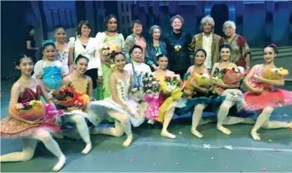  ??  ?? CURTAIN CALL.
After the Coppelia presentati­on at Onstage Ayala (front row, from left), Cheron Co, Jillian Vestil, Tzarina Catipay, Clinton Dignos, Alyssa Laico, Hannah Arias, Helga Zueken and Judith Po. (Back row, from left) Matti and Liliana Sitoy,...