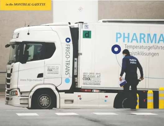  ?? FRANCISCO SECO / THE ASSOCIATED PRESS ?? A truck leaves the loading bays at the Pfizer plant in Puurs, Belgium, the site of a slowdown in production of COVID-19 vaccine that's being partly blamed for delays in the rollout of the EU vaccinatio­n campaign. The European Union, with some of the richest countries in the world, is not faring well compared to countries like Israel, the U.K. and the U.S.