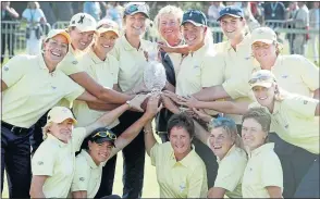  ??  ?? Dame Laura Davies (back row, middle) celebrates Solheim Cup success, in Sweden in 2003, with 2019 captain Catriona Matthew (bottom right)