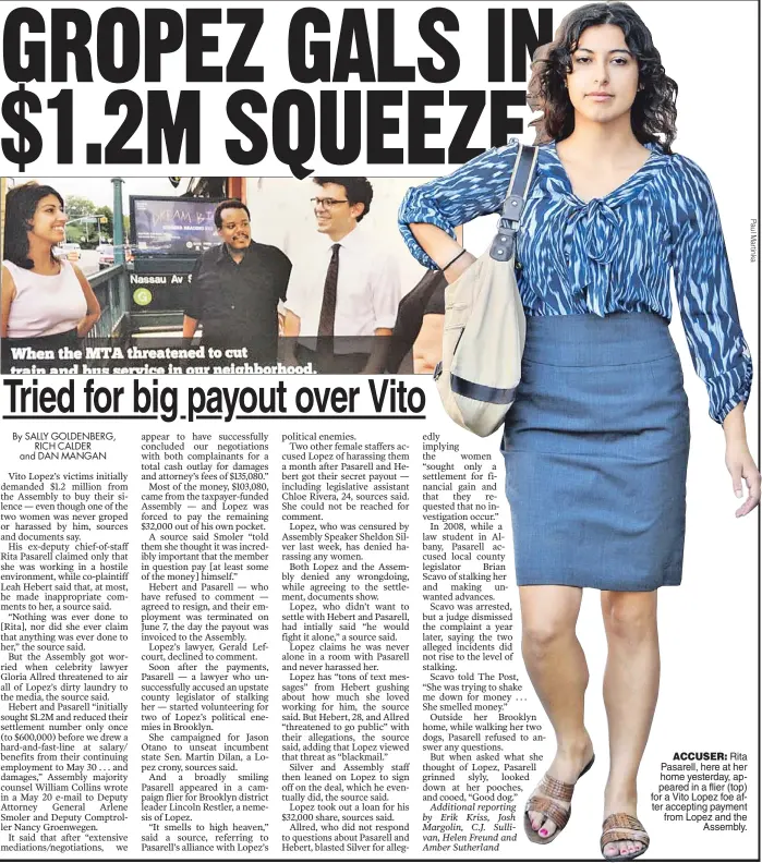  ??  ?? ACCUSER: Rita Pasarell, here at her home yesterday, appeared in a flier (top) for a Vito Lopez foe after accepting payment from Lopez and the
Assembly.