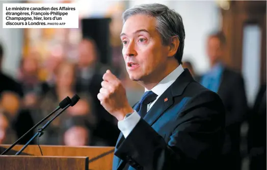  ?? PHOTO AFP ?? Le ministre canadien des Affaires étrangères, François-philippe Champagne, hier, lors d’un discours à Londres.