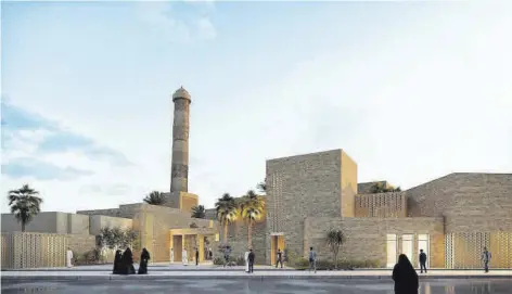  ?? EFE/ S. HAREEDY, K. EL DEEB, S. FARAG, T. ALI ?? Diseño ganador
Así será la principal entrada al complejo de la mezquita Al Nuri, con el icónico minarete (izqda) reconstrui­do.