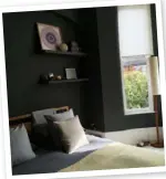  ??  ?? Dark colours feature in Molly’s bedroom; she loves mid-century style, including Ercol furniture and her Fresco bedlinen, inspired by ’60s textiles