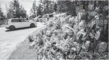  ?? TIM KROCHAK • SALTWIRE NETWORK ?? RCMP officers speak with a visitor near the large memorial in memory of the victims from the mass shooting, seen at Portapique Beach Road in Portapique on April 30, 2020.