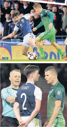  ??  ?? REFUSING TO SLO DOWN Skipper Scott Brown rises highest, top, while Charlie Mulgrew gets stuck in on a night in which Kieran Tierney and Celtic team-mate James Forrest stand their ground