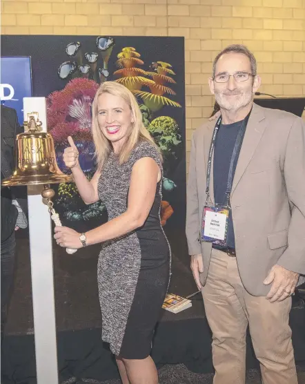  ??  ?? Minister for Innovation Kate Jones rings the Australian ASX Bell alongside Qld Chief Entreprene­ur Steve Baxter at Myriad.