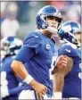  ?? Tim Nwachukwu / TNS ?? Daniel Jones of the New York Giants reacts against the Denver Broncos during the fourth quarter at MetLife Stadium on Sept. 12 in East Rutherford, N.J. Jones practiced Wednesday on a limited basis while dealing with a neck injury.