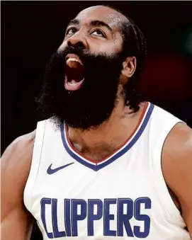  ?? KEVIN C. COX/GETTY IMAGES ?? James Harden had plenty to scream about, as his 30 points, 8 rebounds, and 10 assists led the Clippers over the Hawks.