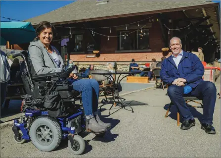  ?? Special toThe Daily Courier ?? BC NDP candidate Spring Hawes, left, speaks with NDP leader John Horgan on Saturday in Vernon. Due to weather, what was intended to be a direct flight to Revelstoke turned into a flight to Kelowna followed by a drive to Revelstoke for Horgan. Hawes, candidate for Kelowna West, was able to change her Saturday plans last minute to meet Horgan in Vernon, where he chatted with voters at Ratio Coffee. “I was glad to meet with Premier Horgan briefly to talk about the work the government has done in B.C.,” said Hawes in a news release. “I told him that British Columbia has benefited greatly from his leadership and that the Okanagan is looking forward to the Oct. 24 election.”