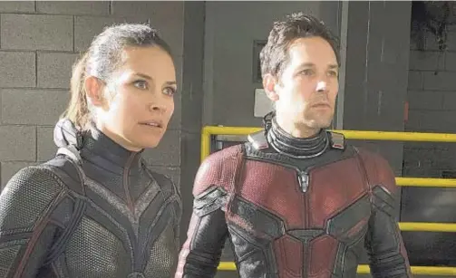  ?? AP ?? The Wasp (Evangeline Lilly) and Ant-Man (Paul Rudd) team up to have a “little” fun with some comic relief from Michael Pena (below).
