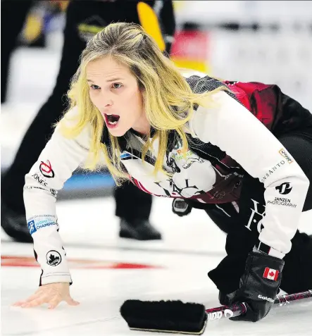  ?? RYAN MCLEOD ?? Jennifer Jones calls for the sweepers during Friday’s action at the Humpty’s Champions Cup. Her rink is 3-1 in round-robin play.